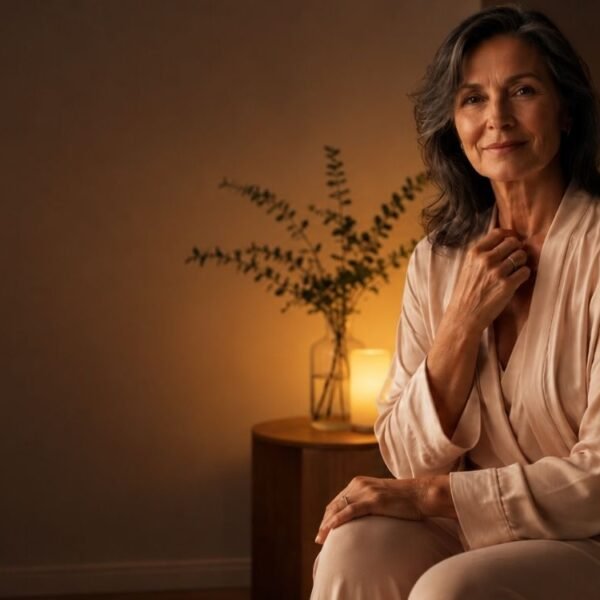 Mulher 50+ refletindo com serenidade sobre orgasmo na menopausa e prazer sexual.