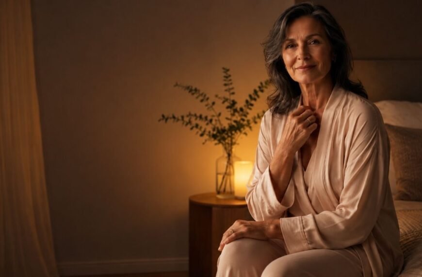 Mulher 50+ refletindo com serenidade sobre orgasmo na menopausa e prazer sexual.