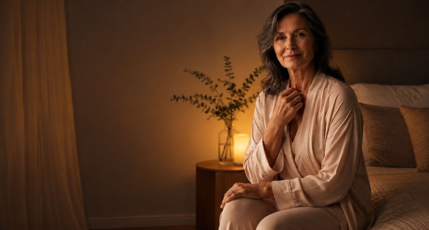 Mulher 50+ refletindo com serenidade sobre orgasmo na menopausa e prazer sexual.