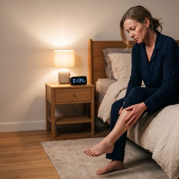 Mulher com pernas inquietas na menopausa sentada na cama durante a noite, movimentando a perna por causa do desconforto.