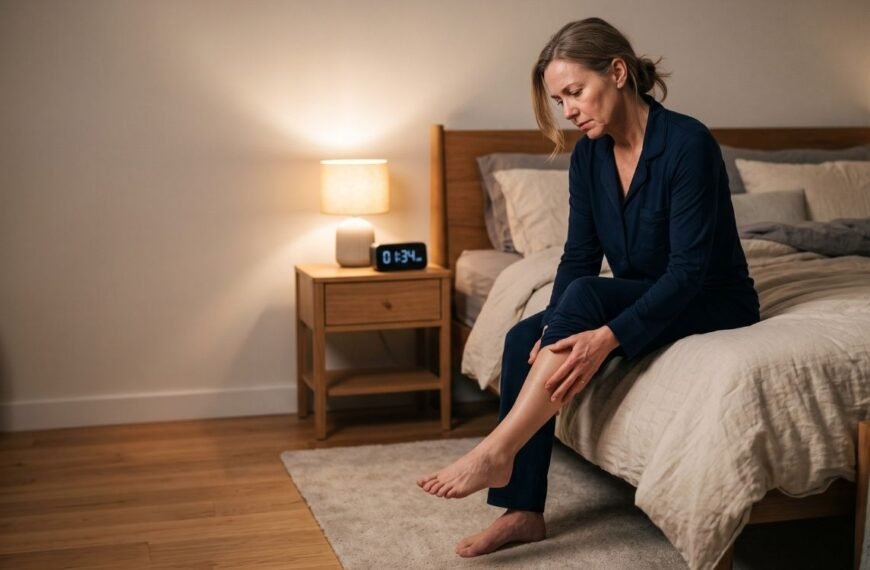 Mulher com pernas inquietas na menopausa sentada na cama durante a noite, movimentando a perna por causa do desconforto.