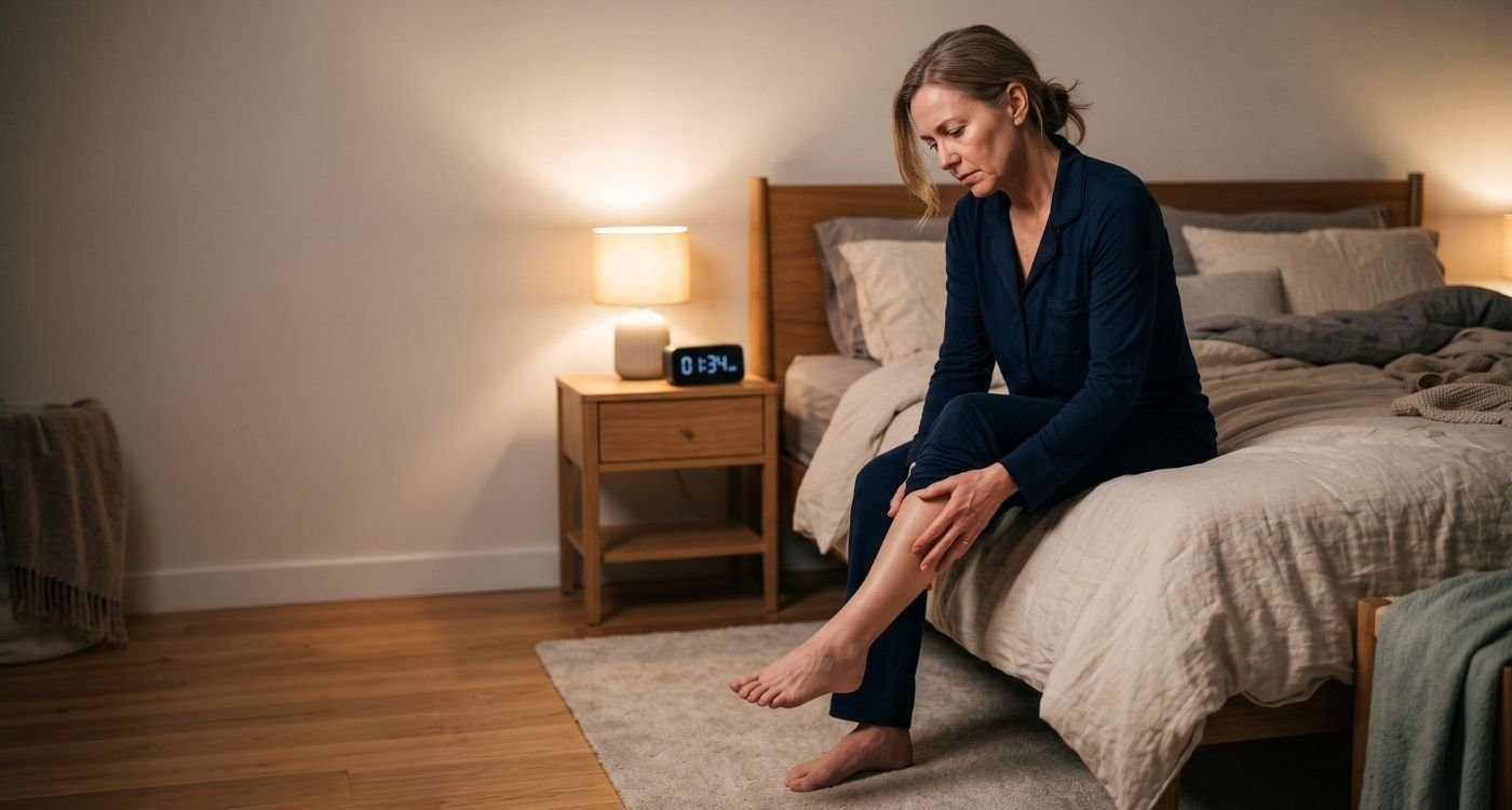 Mulher com pernas inquietas na menopausa sentada na cama durante a noite, movimentando a perna por causa do desconforto.