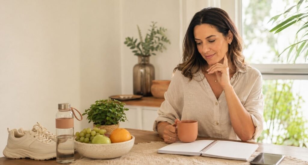 mulher de 35 anos estudando quando começa a menopausa para iniciar sua rotina de cuidados preventivos