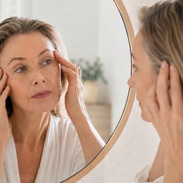 Mulher 50+ observando no espelho a queda das sobrancelhas na menopausa e pequenas falhas nos fios.