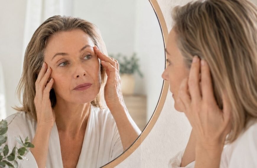 Mulher 50+ observando no espelho a queda das sobrancelhas na menopausa e pequenas falhas nos fios.