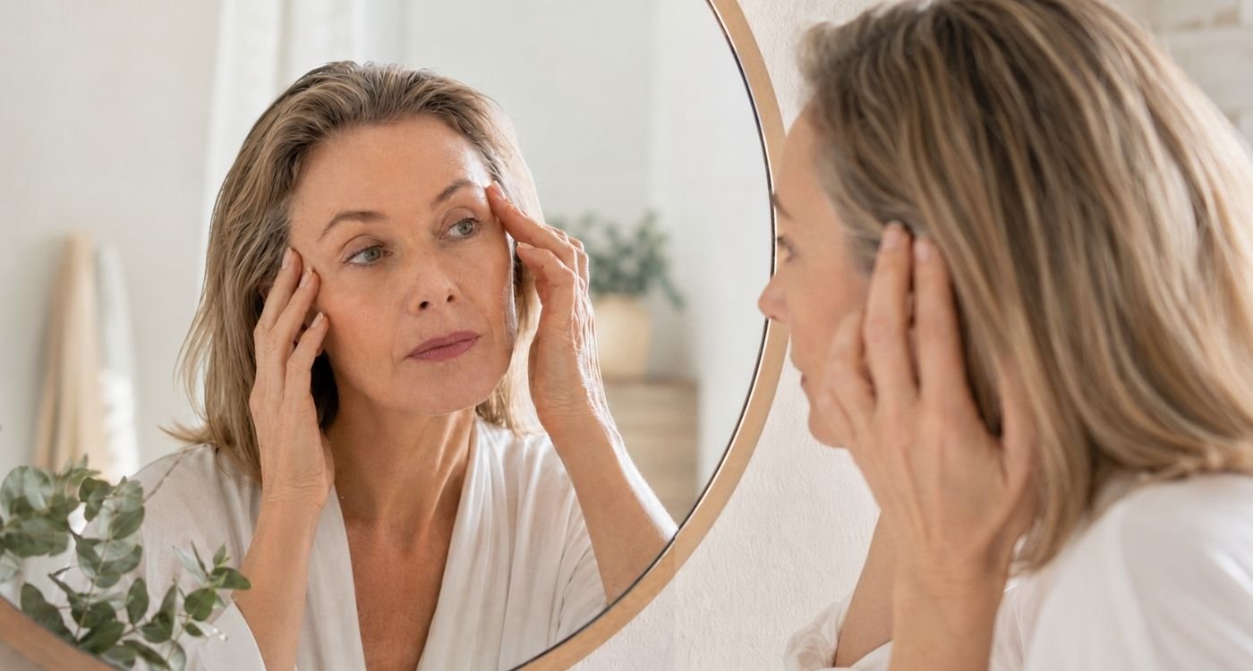 Mulher 50+ observando no espelho a queda das sobrancelhas na menopausa e pequenas falhas nos fios.