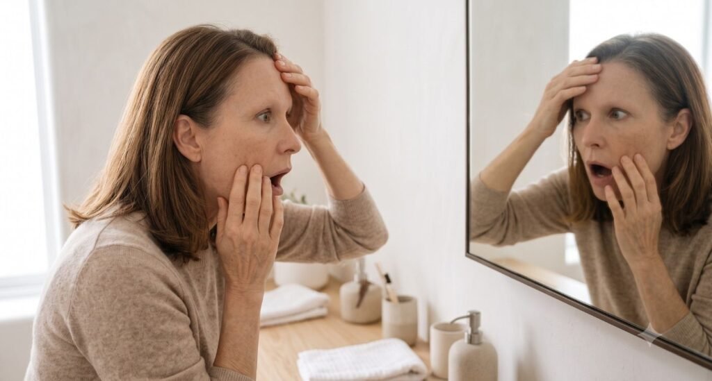 mulher 45+ assustada ao perceber queda das sobrancelhas na menopausa