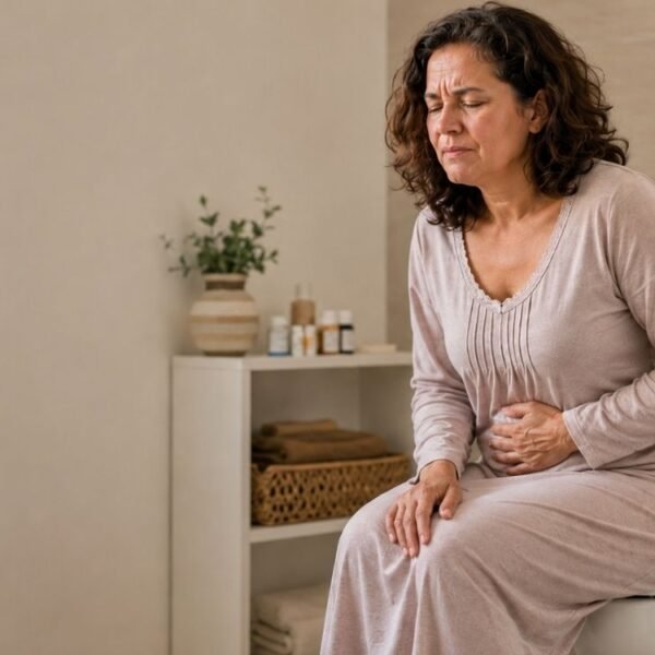 mulher sofrendo para evacuar representando remédios que prendem o intestino na menopausa
