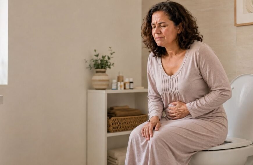 mulher sofrendo para evacuar representando remédios que prendem o intestino na menopausa