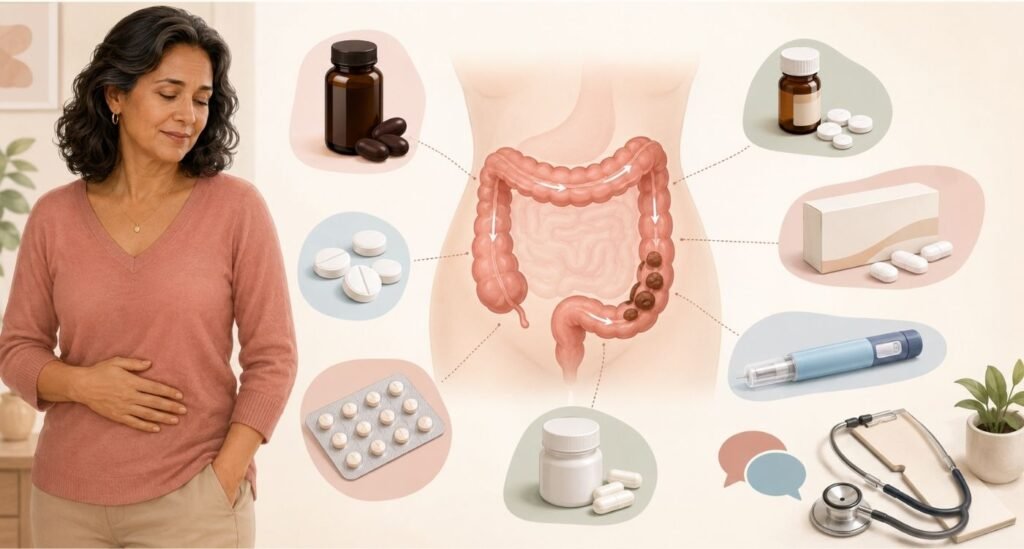Medicamentos e ilustração intestinal representam remédios que prendem o intestino na menopausa