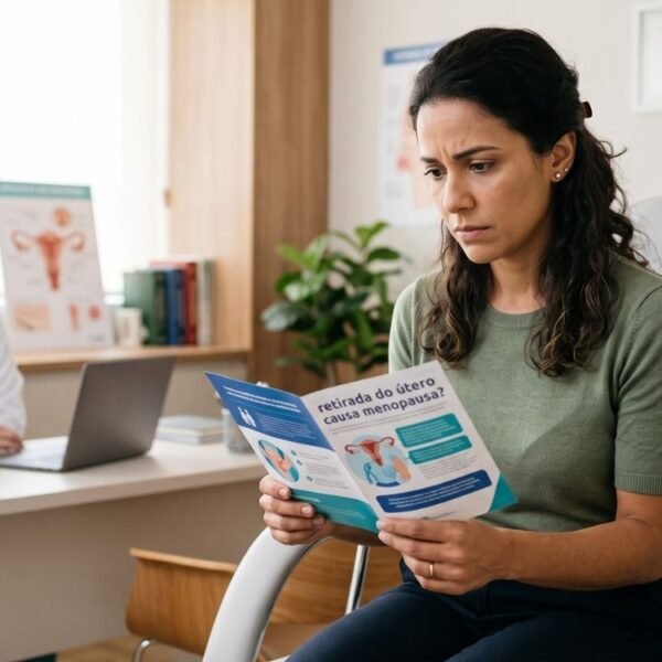 mulher de 35+ lendo sobre retirada do útero e menopausa e avaliando suas possibilidades