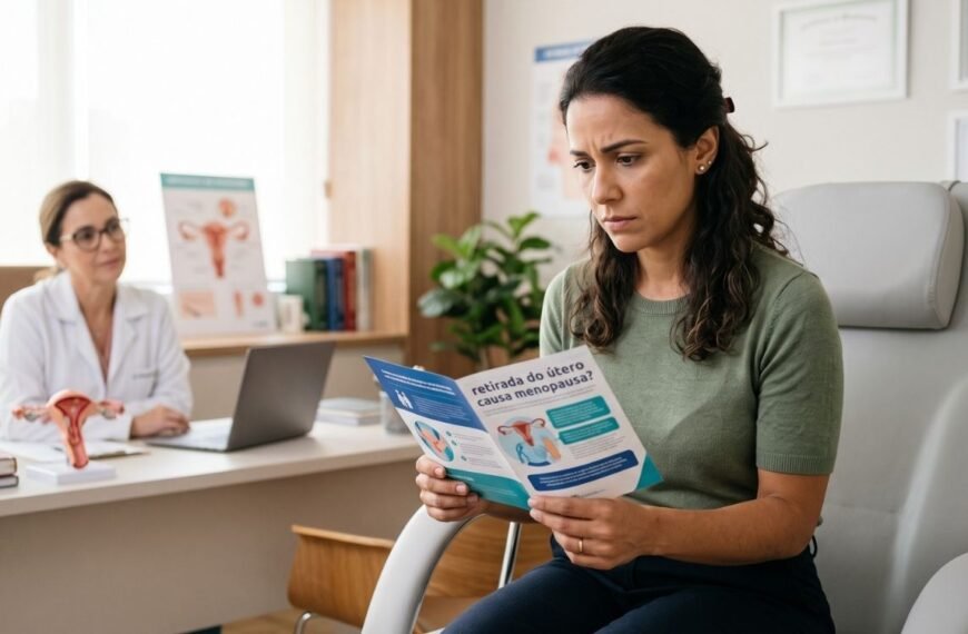 mulher de 35+ lendo sobre retirada do útero e menopausa e avaliando suas possibilidades