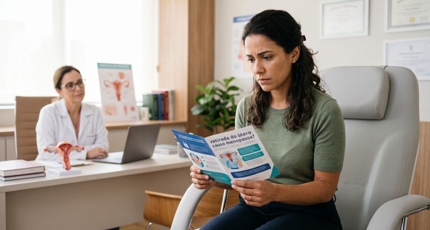 mulher de 35+ lendo sobre retirada do útero e menopausa e avaliando suas possibilidades