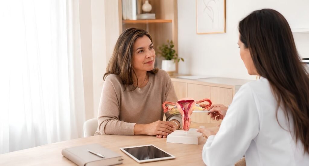 Mulher 40+ em consulta ginecológica sobre retirada do útero e menopausa, com expressão serena e acolhida.
