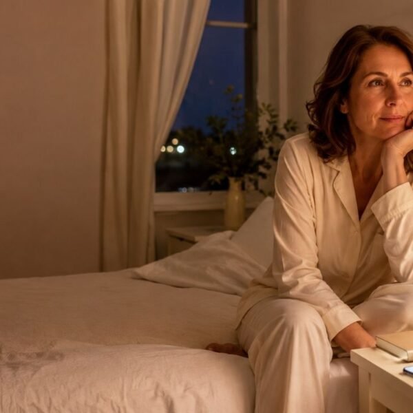 Mulher na perimenopausa sentada na cama à noite, com expressão cansada, celular ao lado e ambiente acolhedor, representando rotina noturna na perimenopausa.