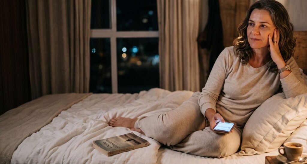 Mulher na perimenopausa sentada na cama à noite, com celular e taça ao lado, representando rotina noturna na perimenopausa.
