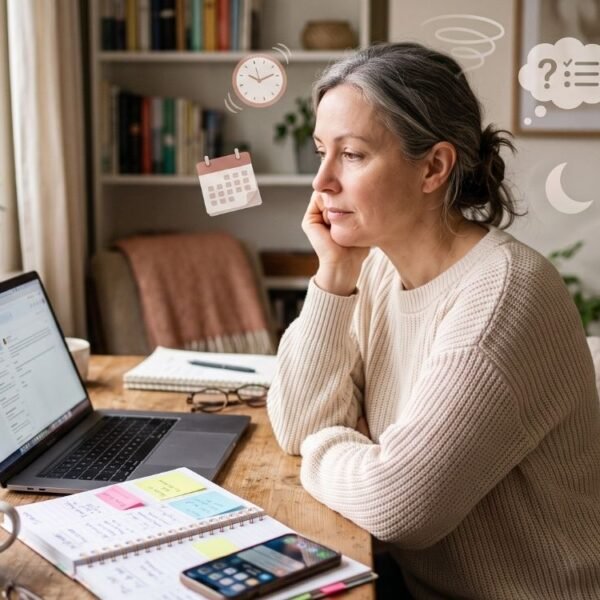 Mulher na perimenopausa diante de tarefas e notebook, representando sobrecarga mental e cérebro na menopausa.