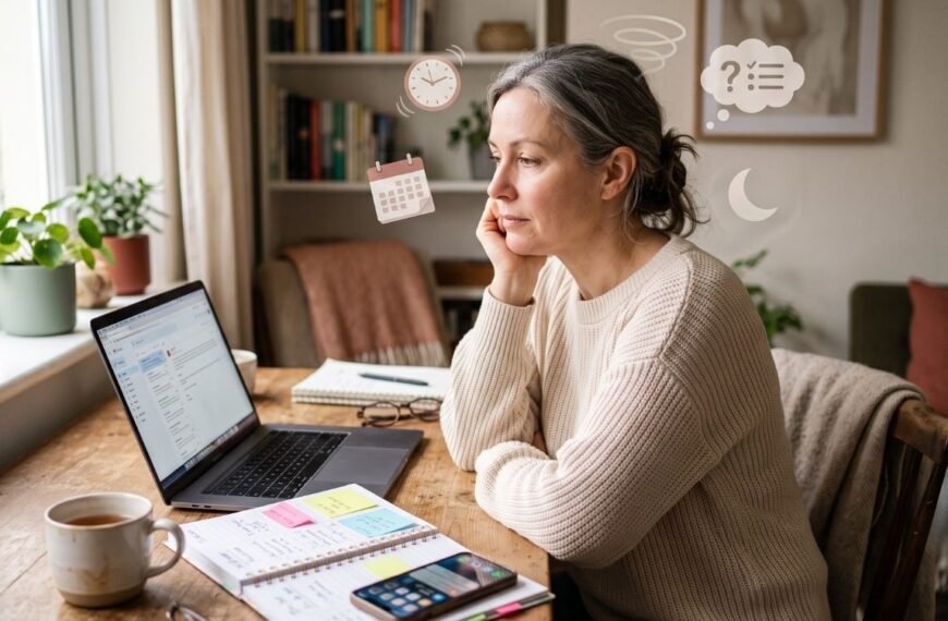 Mulher na perimenopausa diante de tarefas e notebook, representando sobrecarga mental e cérebro na menopausa.