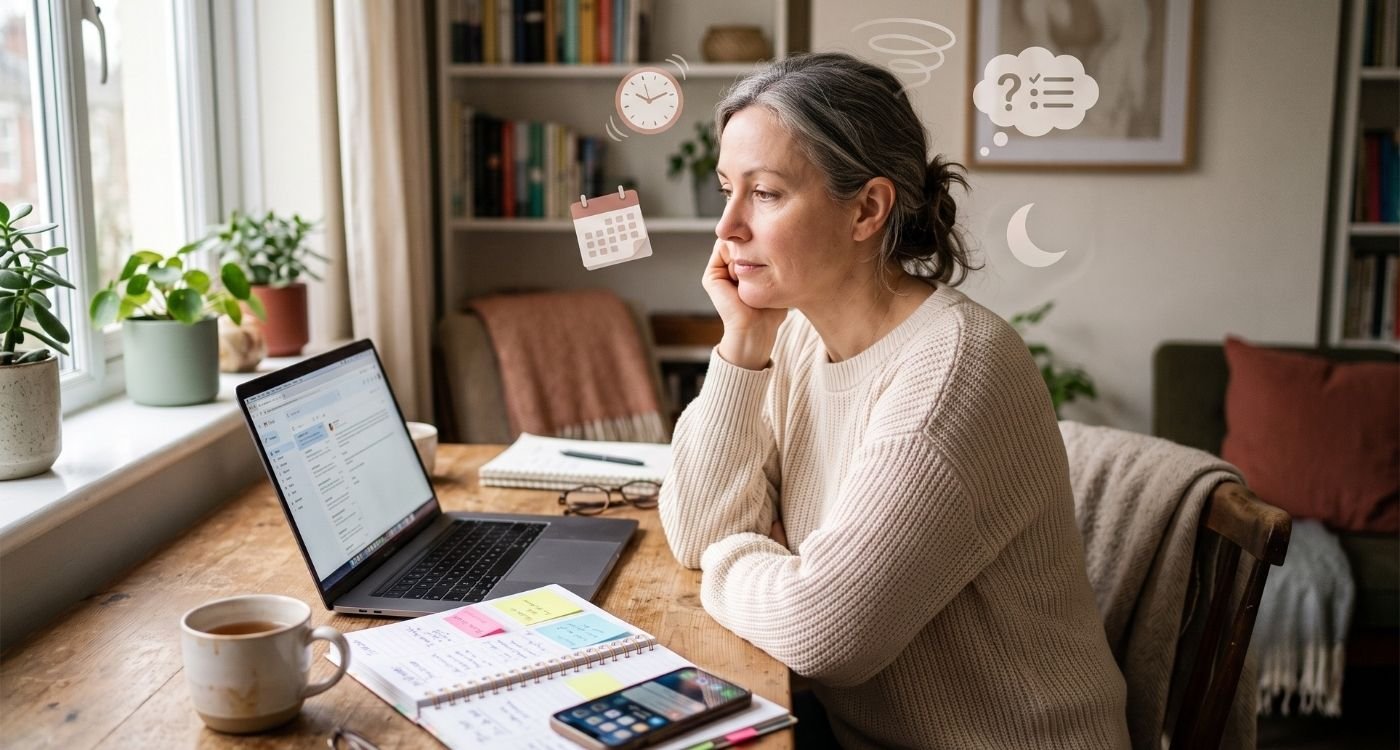 Mulher na perimenopausa diante de tarefas e notebook, representando sobrecarga mental e cérebro na menopausa.