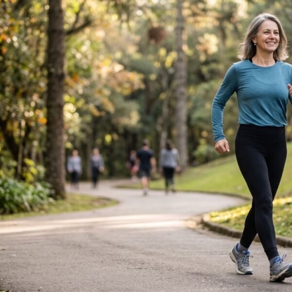 Mulher praticando treino aeróbico na menopausa por meio de caminhada ao ar livre.