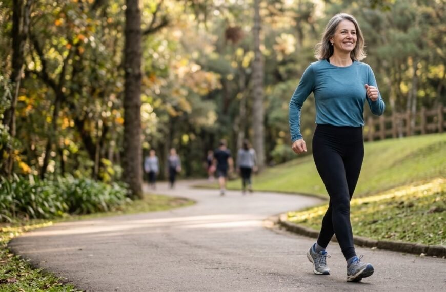 Mulher praticando treino aeróbico na menopausa por meio de caminhada ao ar livre.