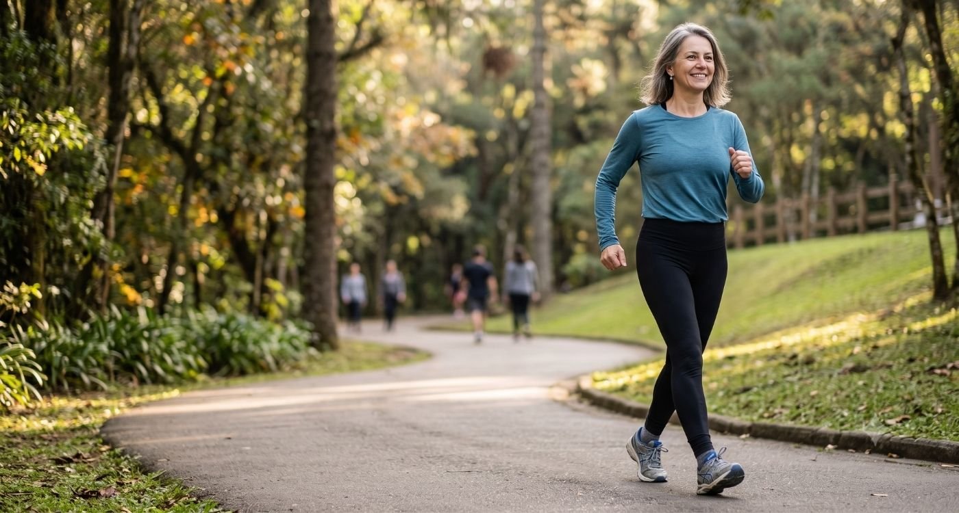 Mulher praticando treino aeróbico na menopausa por meio de caminhada ao ar livre.