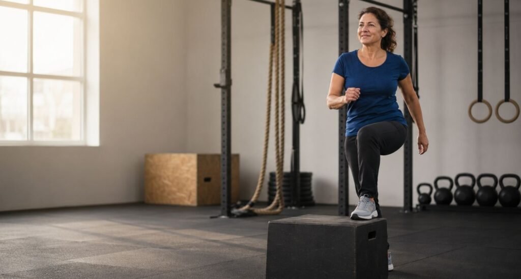 Mulher praticando treino aeróbico na menopausa por meio de hiit.