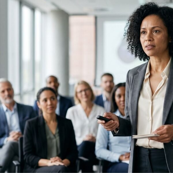 Mulher 40+ enfrentando a vergonha de falar em público durante uma apresentação profissional.