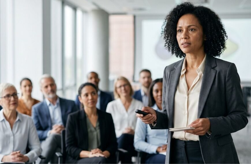 Mulher 40+ enfrentando a vergonha de falar em público durante uma apresentação profissional.