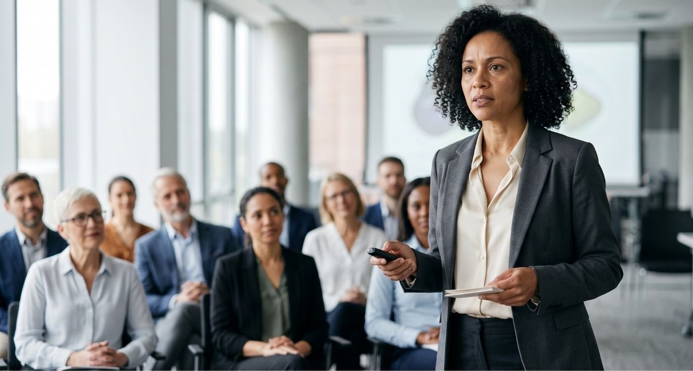 Mulher 40+ enfrentando a vergonha de falar em público durante uma apresentação profissional.