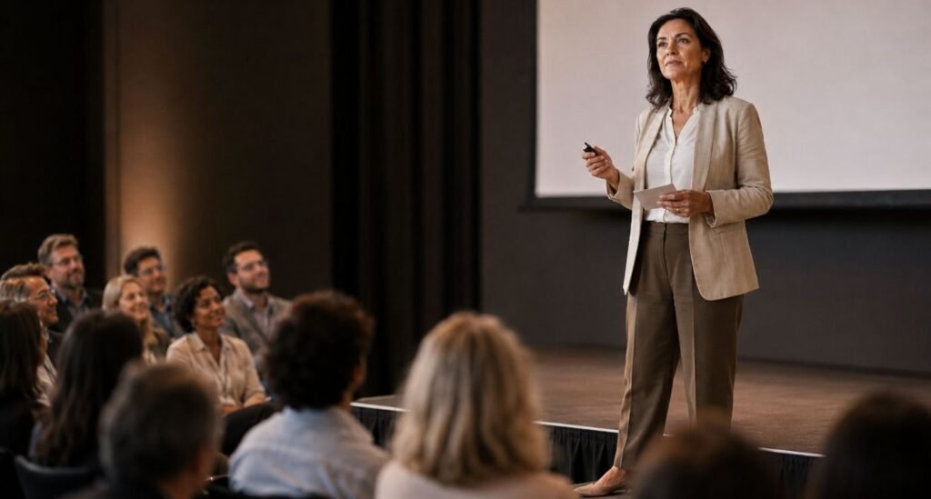 Mulher 40+ enfrentando a vergonha de falar em público durante uma apresentação profissional.