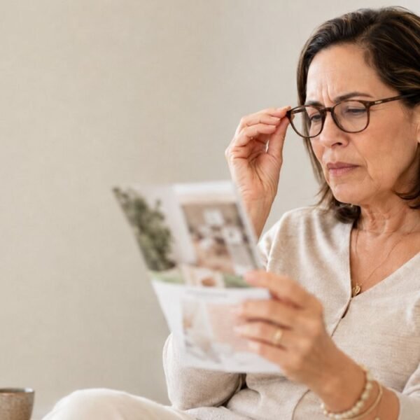 Mulher 50+ tentando ler e percebendo visão embaçada na menopausa.
