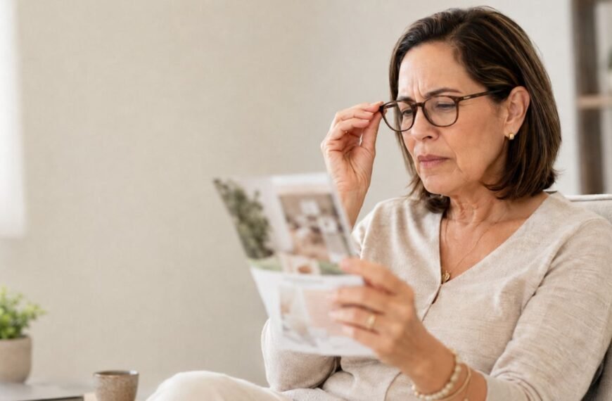 Mulher 50+ tentando ler e percebendo visão embaçada na menopausa.