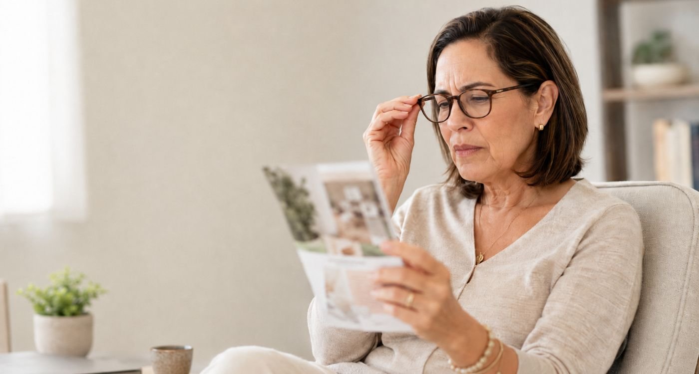 Mulher 50+ tentando ler e percebendo visão embaçada na menopausa.