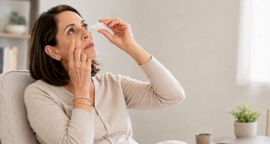Mulher 50+  e percebendo visão embaçada na menopausa e tentando hidratar com colírio.