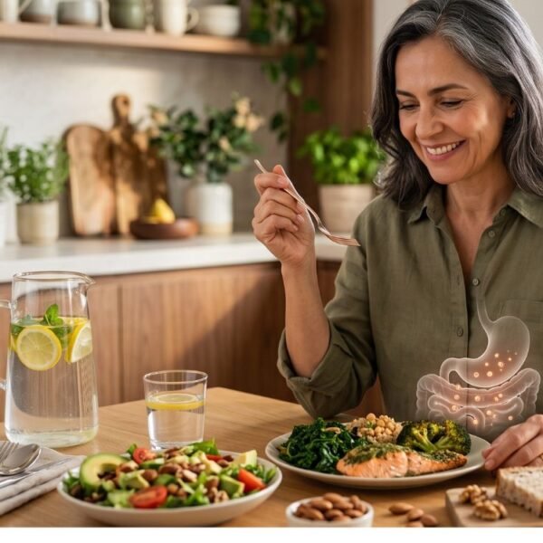 Mulher 55+ diante de uma refeição saudável com representação sutil do sistema digestivo, ilustrando a absorção de nutrientes na menopausa.