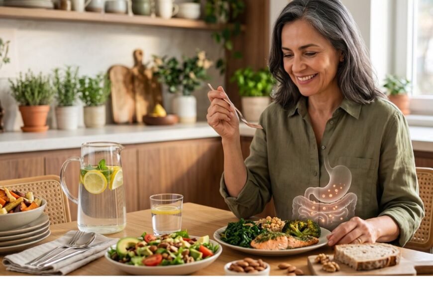 Mulher 55+ diante de uma refeição saudável com representação sutil do sistema digestivo, ilustrando a absorção de nutrientes na menopausa.