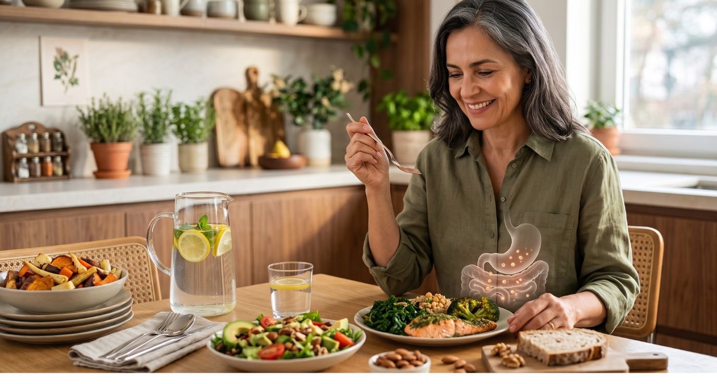 Mulher 55+ diante de uma refeição saudável com representação sutil do sistema digestivo, ilustrando a absorção de nutrientes na menopausa.