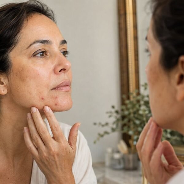 Mulher 40+ observando acne hormonal na perimenopausa no queixo e mandíbula diante do espelho.