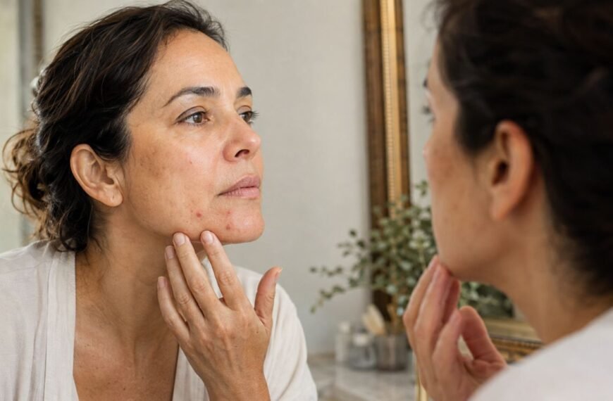 Mulher 40+ observando acne hormonal na perimenopausa no queixo e mandíbula diante do espelho.