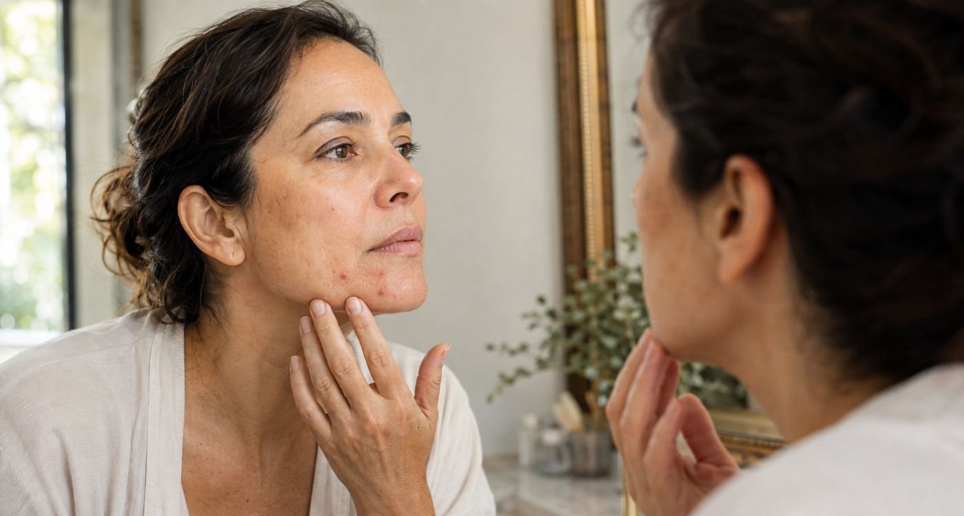 Mulher 40+ observando acne hormonal na perimenopausa no queixo e mandíbula diante do espelho.
