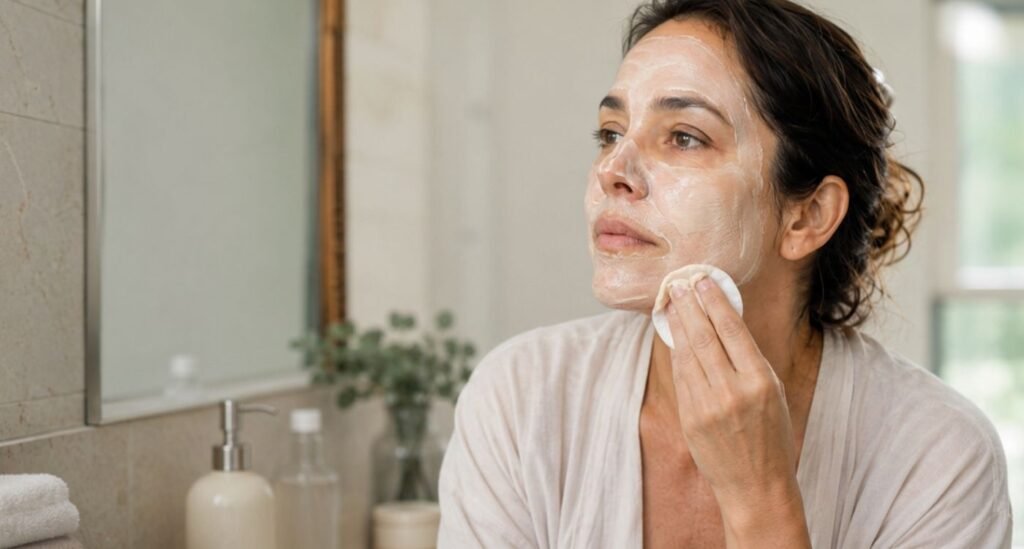 Mulher 40+ realizando cuidados suaves com a pele para acne hormonal na perimenopausa.