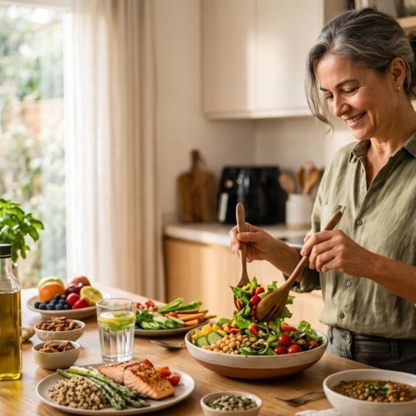 Mulher 40+ preparando uma refeição equilibrada com vegetais, proteínas e alimentos naturais, representando a alimentação na menopausa.