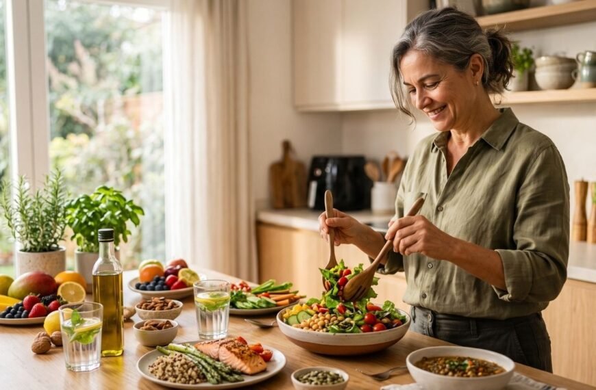 Mulher 40+ preparando uma refeição equilibrada com vegetais, proteínas e alimentos naturais, representando a alimentação na menopausa.