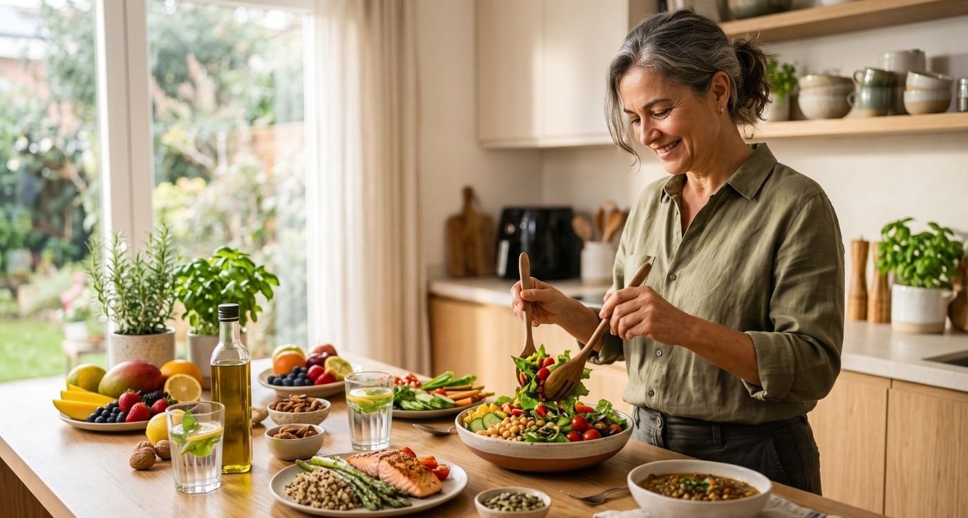 Mulher 40+ preparando uma refeição equilibrada com vegetais, proteínas e alimentos naturais, representando a alimentação na menopausa.