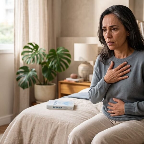 Mulher 40+ respirando com as mãos sobre o peito durante crises de pânico na perimenopausa, em ambiente acolhedor.