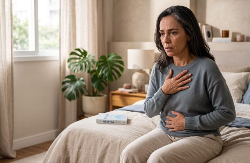 Mulher 40+ respirando com as mãos sobre o peito durante crises de pânico na perimenopausa, em ambiente acolhedor.