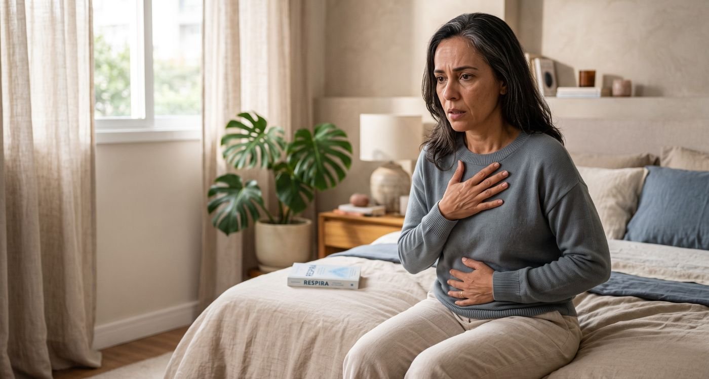 Mulher 40+ respirando com as mãos sobre o peito durante crises de pânico na perimenopausa, em ambiente acolhedor.