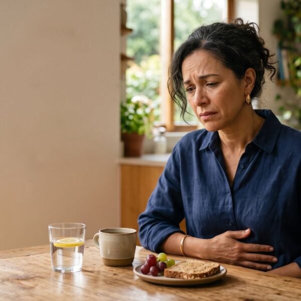 Mulher com enjoo na perimenopausa sentada à mesa e levando a mão ao abdômen.