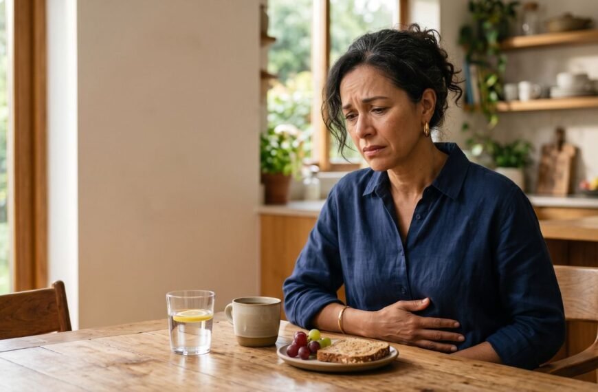 Mulher com enjoo na perimenopausa sentada à mesa e levando a mão ao abdômen.